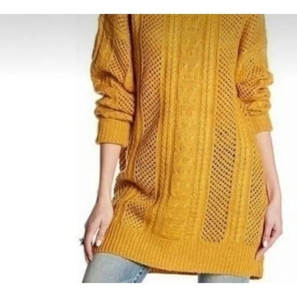 John + Jenn Yellow Open Knit Long Sweater Acrylic Size Medium Crewneck Women’s